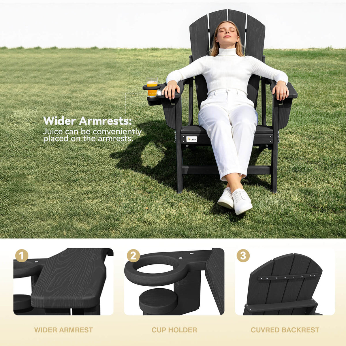 EROMMY 3-Position Adjustable Adirondack Chairs Set of 2, 400LBS HDPE Folding Outdoor Chairs with Cup Holder, Black