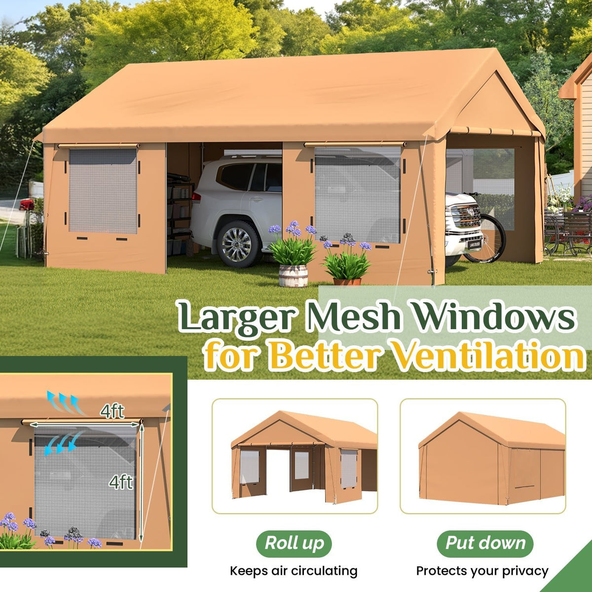 EROMMY 13' x 20' Heavy Duty Carport，Portable Garage with UV Protection & Steel Frame, Car Port with Removable Sidewalls, All-Season Car Canopy for Tractor, Truck, Boat, Yellow