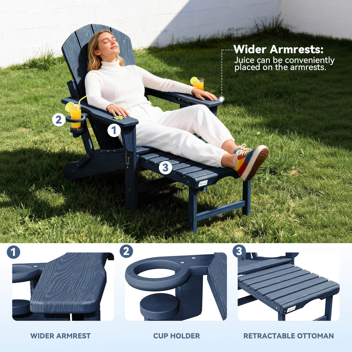EROMMY 3-Level  Adjustable Adirondack Chair with Retractable Ottoman, Folding HDPE Outdoor Chair with Cup Holders, Navy Blue