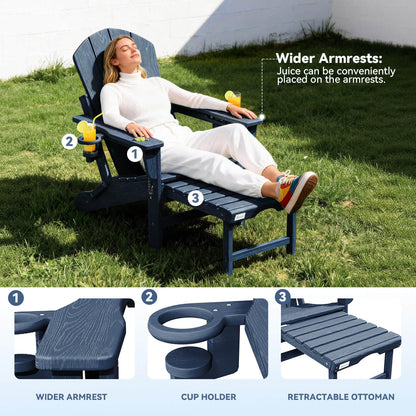 EROMMY 3-Level  Adjustable Adirondack Chair with Retractable Ottoman, Folding HDPE Outdoor Chair with Cup Holders, Navy Blue