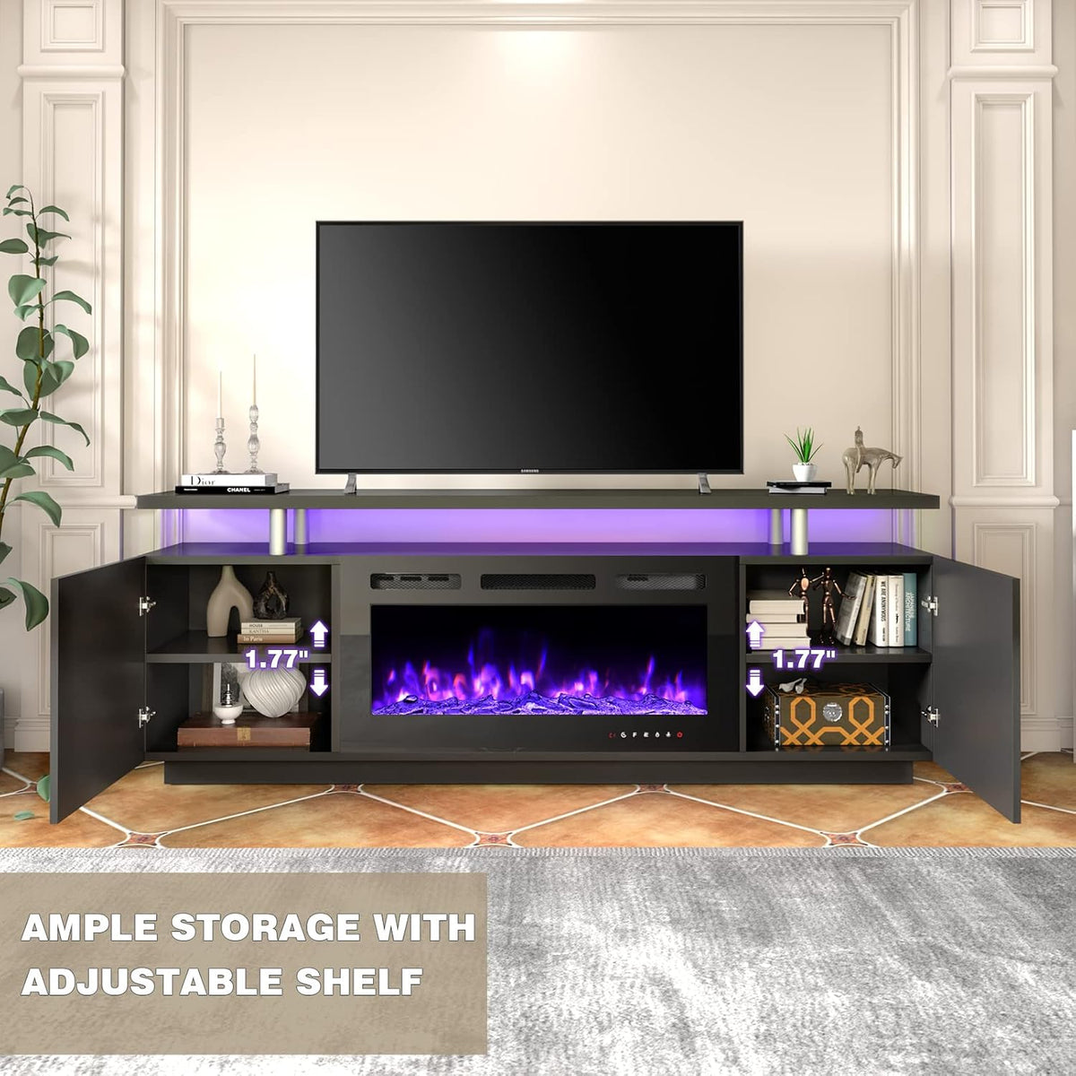 EROMMY 70 Inch TV Stand Entertainment Center, Black – Fireplace Not Included