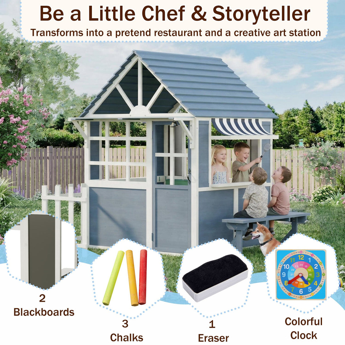 EROMMY Outdoor Playhouse for Kids, Wooden Kid Play House with Kitchen Toys ,Blue Grey