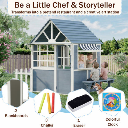 EROMMY Outdoor Playhouse for Kids, Wooden Kid Play House with Kitchen Toys ,Blue Grey