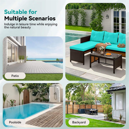 EROMMY 3 Piece Outdoor Patio Furniture Set, All-Weather PE Rattan Sofa Set with Glass Table & Cushions, Blue