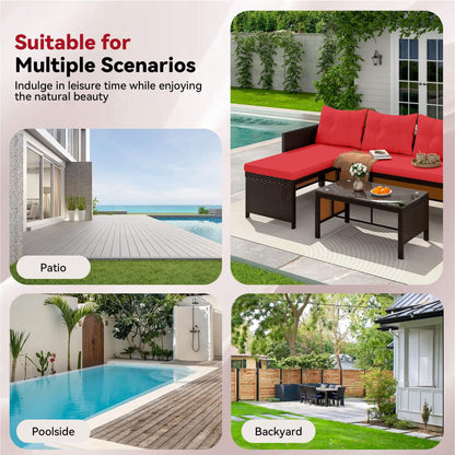 EROMMY 3 Piece Outdoor Patio Furniture Set, All-Weather PE Rattan Sofa Set with Glass Table & Cushions, Red