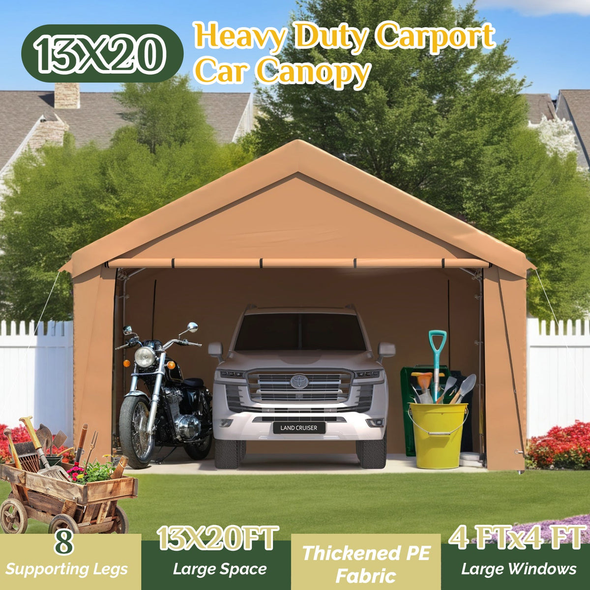 EROMMY 13' x 20' Heavy Duty Carport，Portable Garage with UV Protection & Steel Frame, Car Port with Removable Sidewalls, All-Season Car Canopy for Tractor, Truck, Boat, Yellow