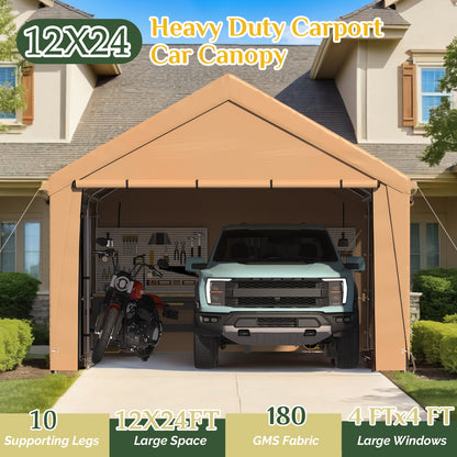 EROMMY 12' x 24' Heavy Duty Carport，Portable Garage with UV Protection & Steel Frame, Car Port with Removable Sidewalls, All-Season Car Canopy for Tractor, Truck, Boat, Yellow