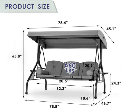 EROMMY 3-Seat Outdoor Porch Swing with Adjustable Canopy and Backrest, Gray