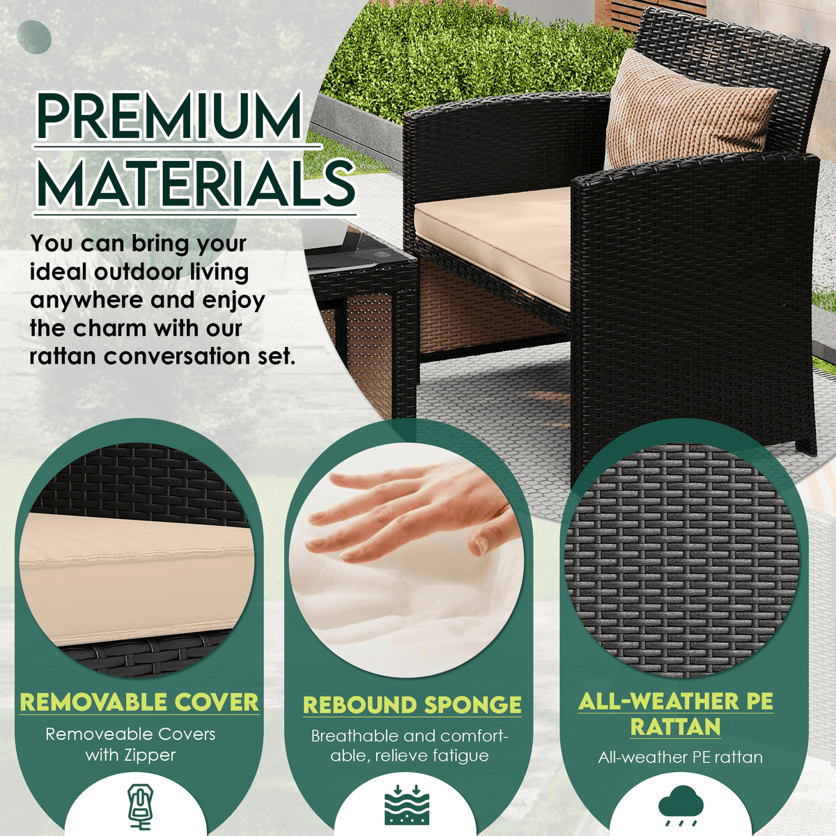 EROMMY 4-Piece Patio Furniture Set, Outdoor Wicker Patio Conversation Set with Cushions, Sofa & Glass Coffee Table, Khaki