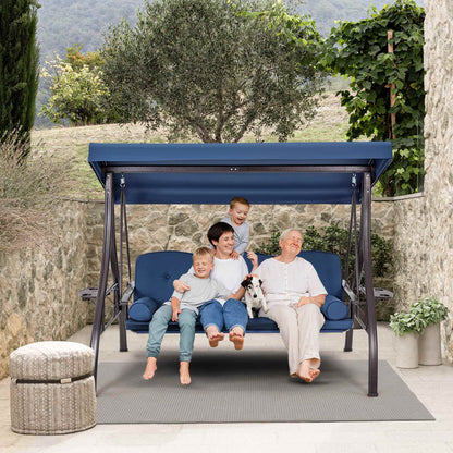 EROMMY 3-Seat Outdoor Porch Swing with Cup Holders, Adjustable Canopy and Backrest for Patio Garden Deck, Blue