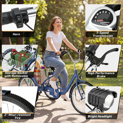 EROMMY Electric Trike for Adults,Peak 500W Brushless Motor, E-Trike with 24" x 2" Tires, Removable Battery, Charger,Step-Thru 3-Wheel Electric Bicycle, Up to 55 Miles Range, 15.5MPH+ Speed, Navy Blue