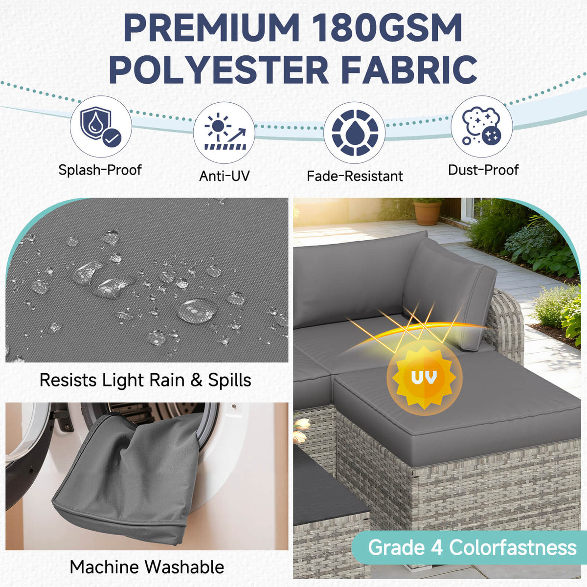 EROMMY 9-Piece Outdoor Sectional Cushions for 4-Seat Sofa, Waterproof Deep Seat w/ Non-Slip & Machine Washable Covers, Gray