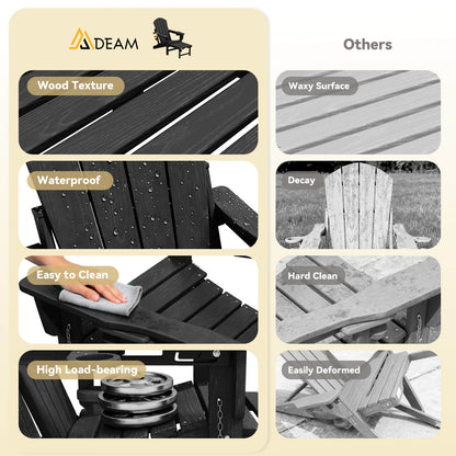 EROMMY 3-Level  Adjustable Adirondack Chair with Retractable Ottoman, Folding HDPE Outdoor Chair with Cup Holders, Black