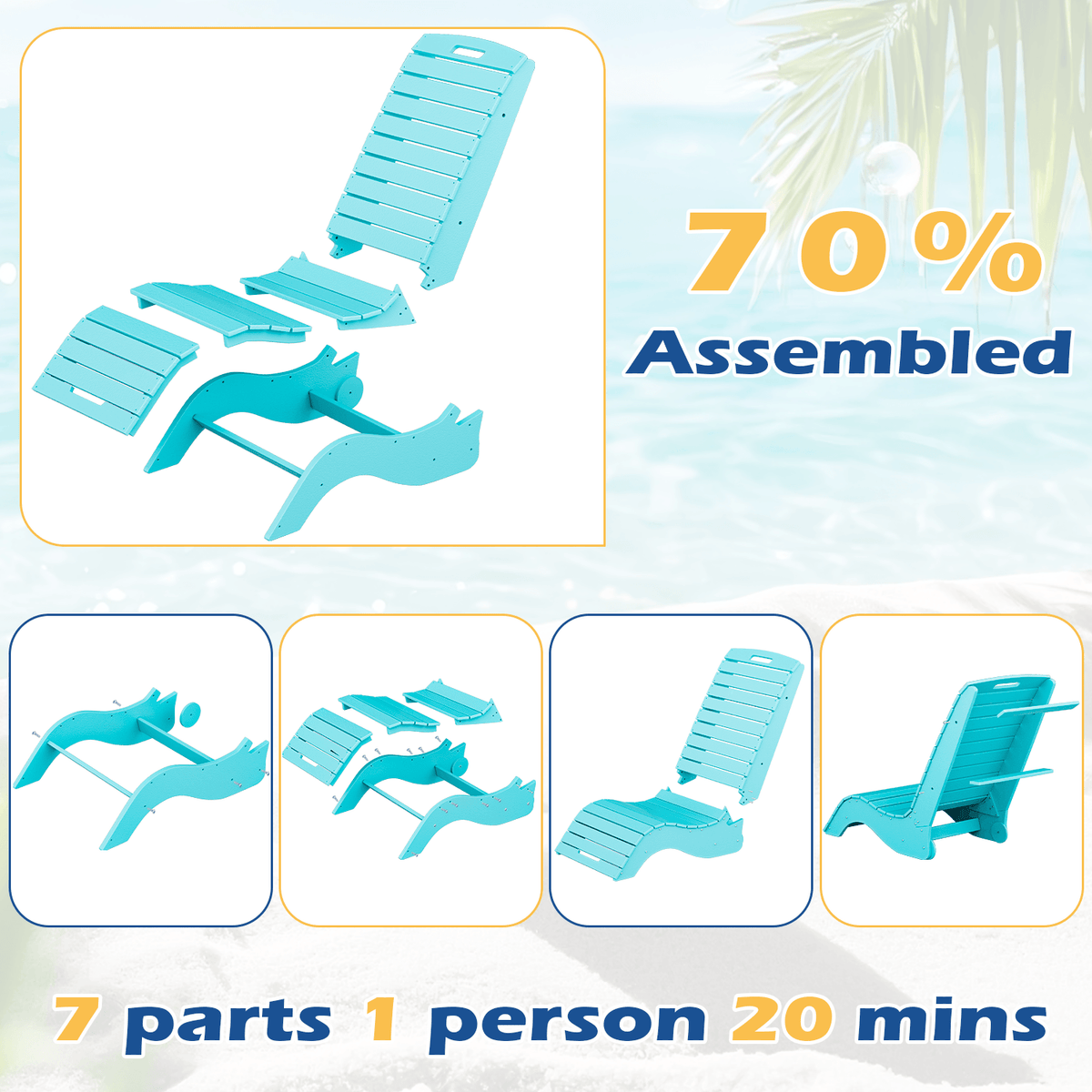 EROMMY Pool Lounge Chairs, HDPE S-Shaped Design with Wheels, Blue