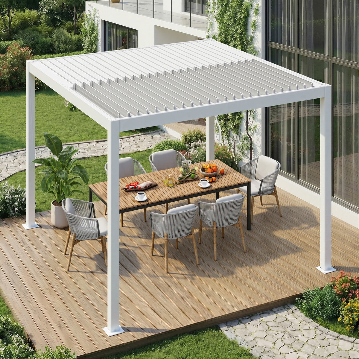 EROMMY 10' x 10' Outdoor Pergola with Adjustable Louvered Roof & Integrated Drainage, White