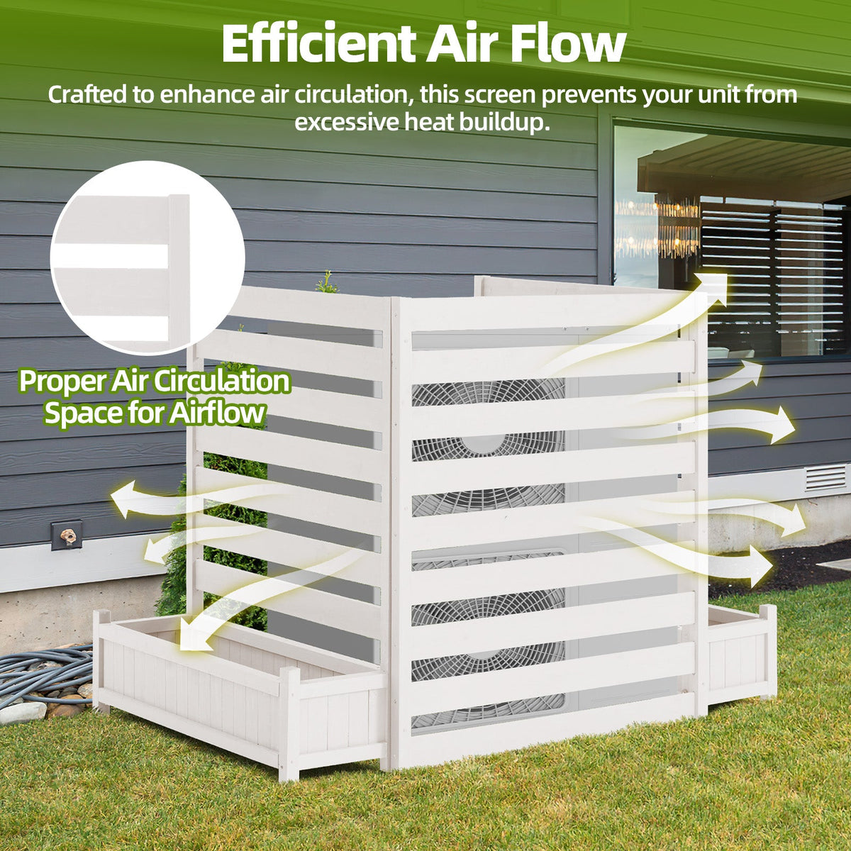 EROMMY 3 Panels No-Dig AC Unit Privacy Fence with Planter Box, 33" W x 39" H, Durable Outdoor Wood Screen to Hide AC & Trash with Floral Bed White