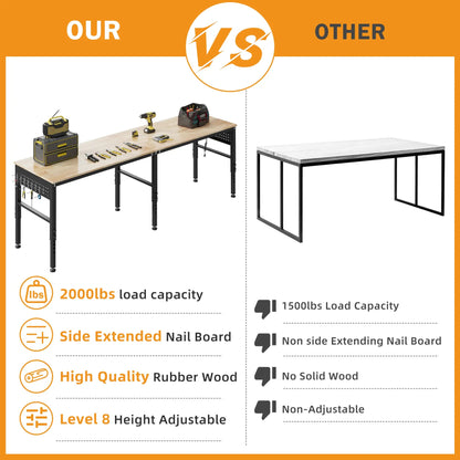 EROMMY 96" Adjustable Heavy Duty Workbench with Power Outlets & Pegboard, 2000 LBS Capacity Rubber Wood Top Work Table for Garage, Workshop, Home & Commercial