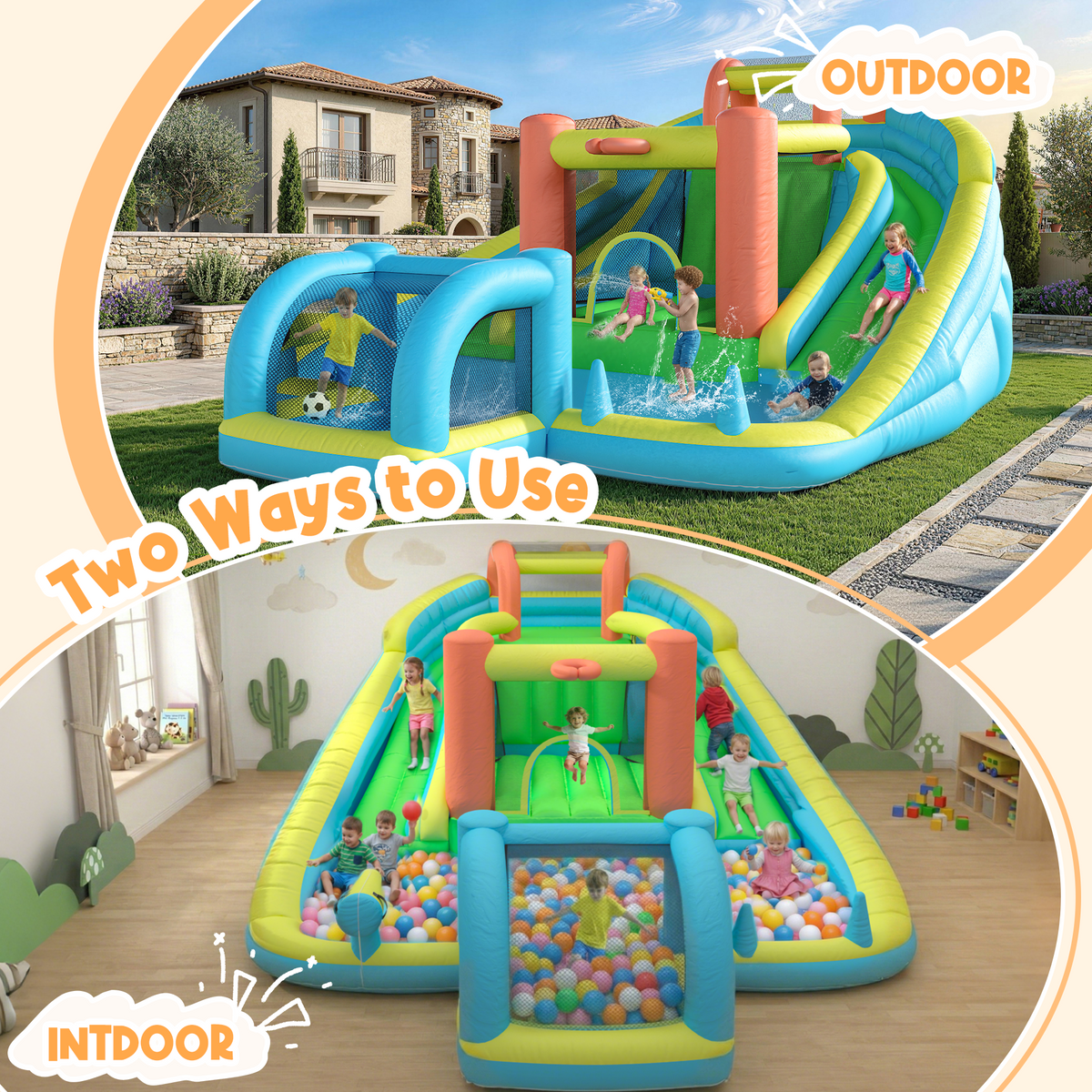 EROMMY Inflatable Bounce House with Double Slide, Bouncy Castle for Kids 3-12 with Blower, Water Cannon, Football Net, Jumping, Climbing Wall, Basketball Hoop, Backyard Water Park for Kids