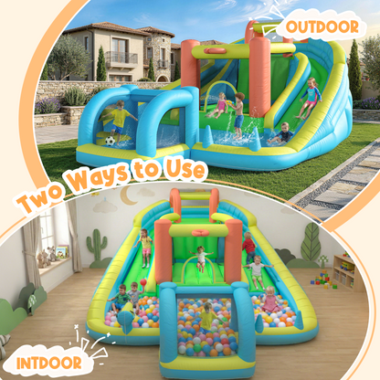 EROMMY Inflatable Bounce House with Double Slide, Bouncy Castle for Kids 3-12 with Blower, Water Cannon, Football Net, Jumping, Climbing Wall, Basketball Hoop, Backyard Water Park for Kids