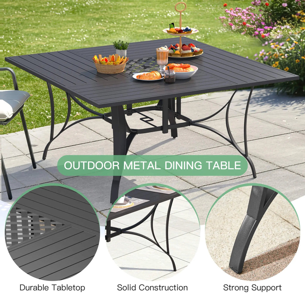 EROMMY 9 Piece Patio Dining Set, Outdoor Dining Table And Chairs Set For 8, 8 PVC-coated polyester Chairs, 1 Iron Square Table With Adjustable Umbrella Hole (1.57"-1.97"), Brown