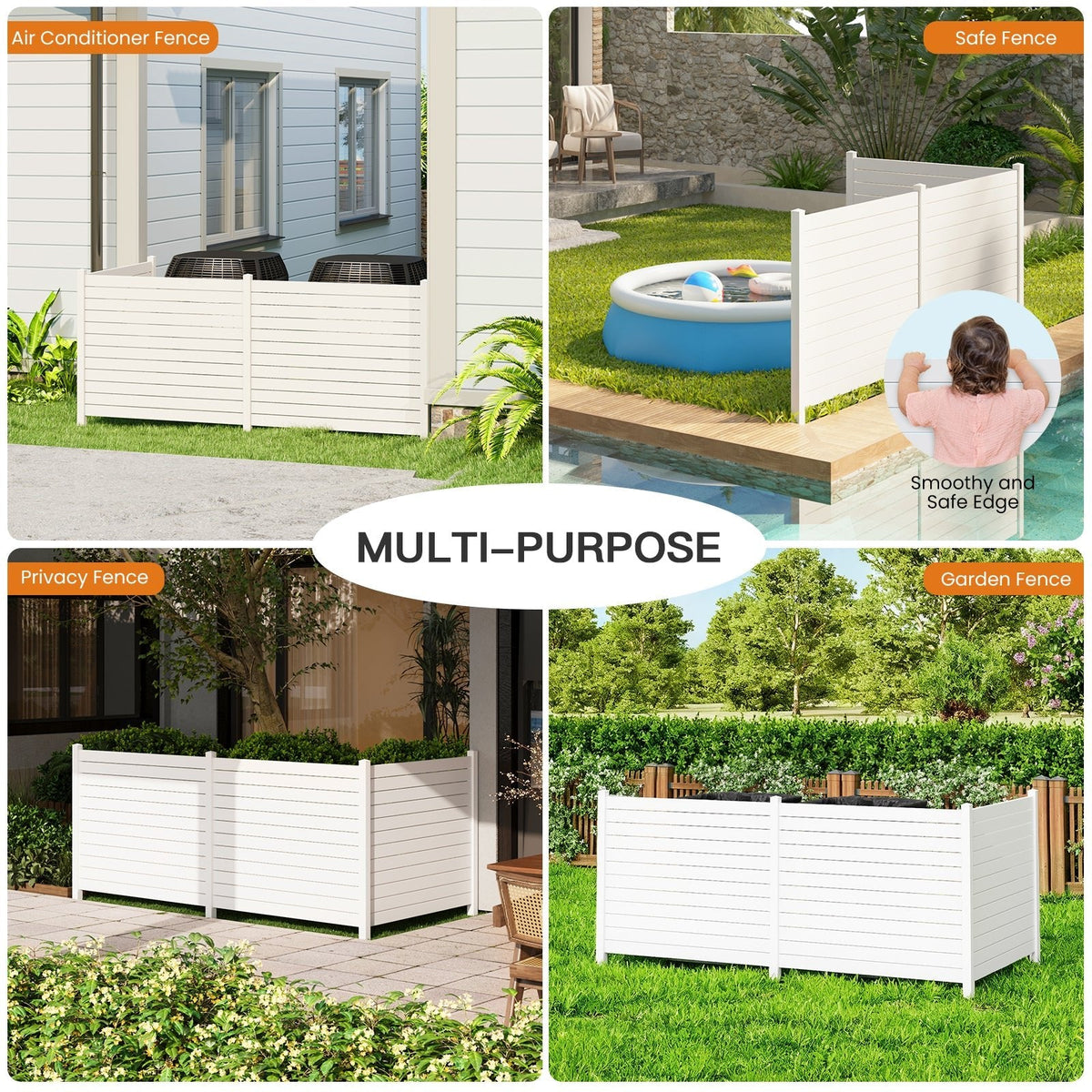EROMMY Outdoor Privacy Fence, 48in H x 48in W Air Conditioner Fence，No Dig Trash Can Fence, 3 Fence Panels Pool Equipment Enclosure, Horizontal PVC Privacy Screen with 18 in Ground Stakes,White