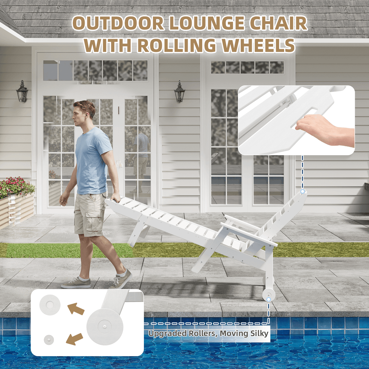 EROMMY 24" W Oversized Chaise Lounge Chairs Set of 2, Adjustable HDPE Outdoor Chairs with Wheels & Cup Holder, White