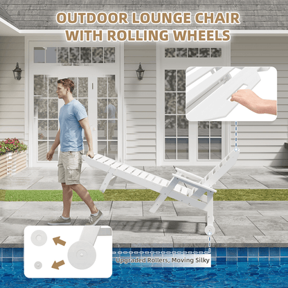 EROMMY 24" W Oversized Chaise Lounge Chairs Set of 2, Adjustable HDPE Outdoor Chairs with Wheels & Cup Holder, White