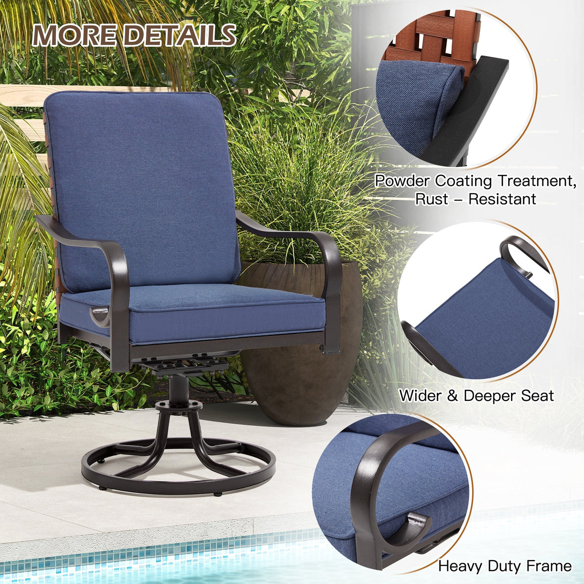 EROMMY Swivel Patio Chairs Set of 4 with Thickened Cushions, Blue