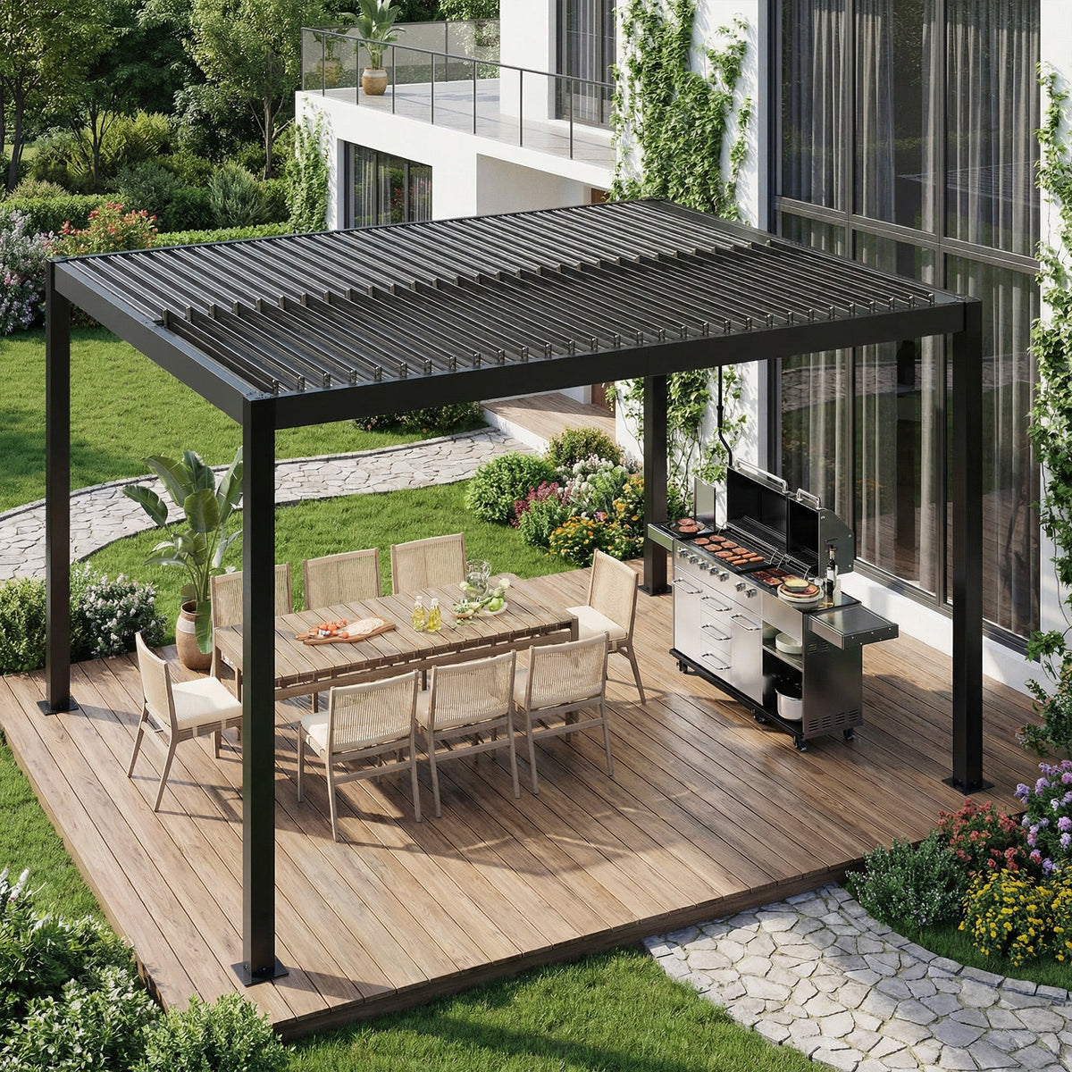 EROMMY 10' x 12' Outdoor Pergola with Adjustable Louvered Roof & Integrated Drainage, Heavy-Duty Metal Louvered Pergola for Patios, Black