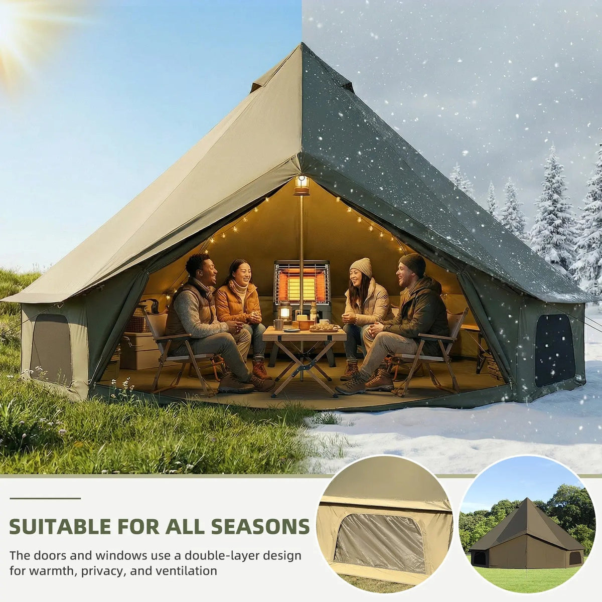 EROMMY Bell Tent for Family Camping, 9.8 FT Yurt Tent with Stove Jack, 4 Season Oxford Tents for Outdoor Party, Hot Tent Shelter Fits 3-4 People