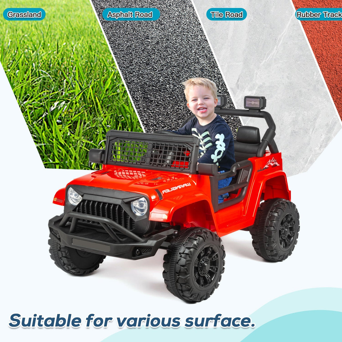 EROMMY 12V Kids Electric Ride On Truck with Remote Control, Safety Belt, Music, Lights and Suspension, Red