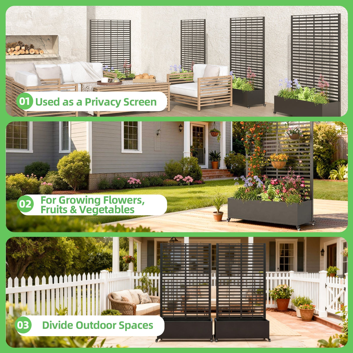 EROMMY Metal Planter Box with Trellis, 73"x 47"x 16" Raised Garden Bed with Wheels and Drainage Holes, Planter with Trellis for Garden, Balcony and Patio, Black