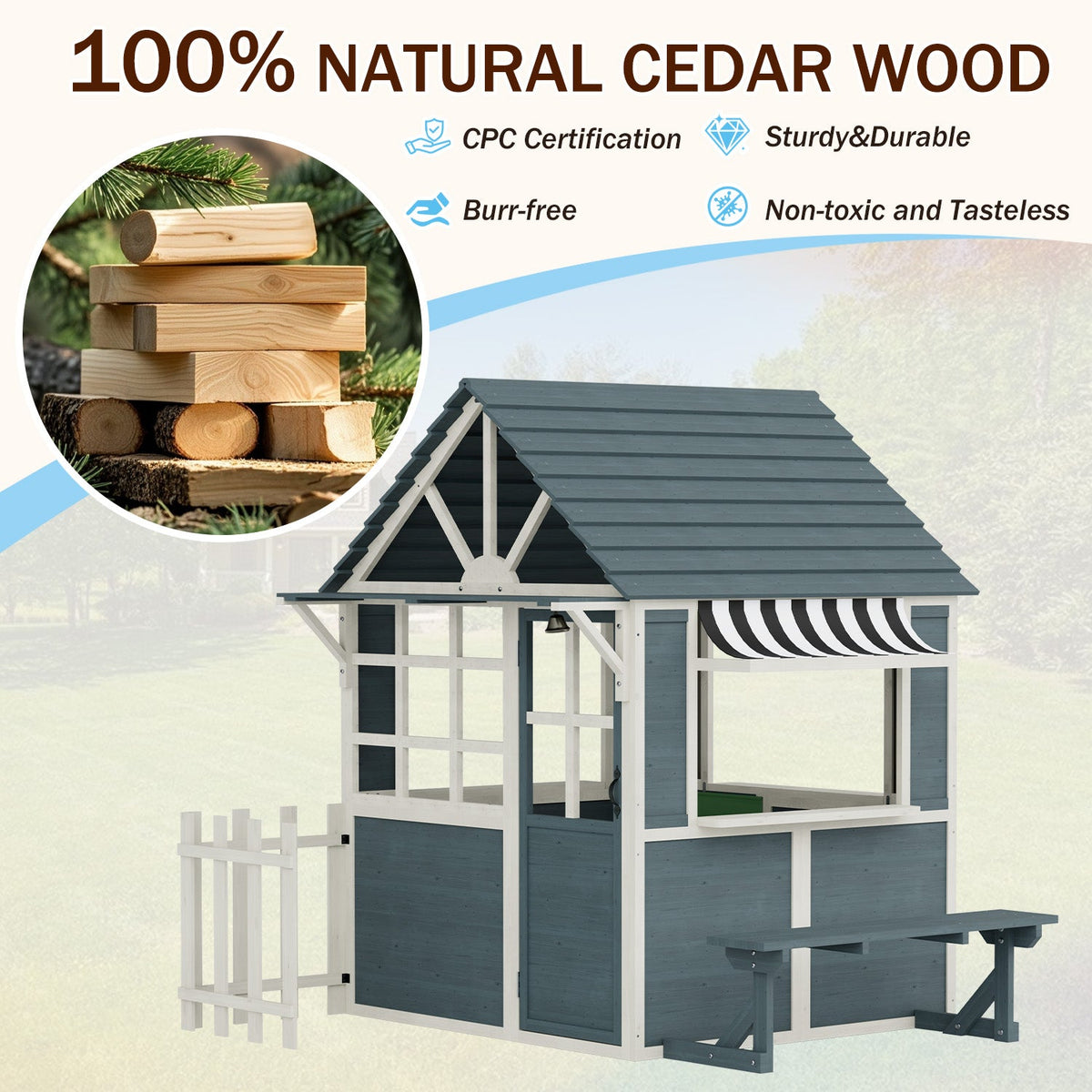 EROMMY Outdoor Playhouse for Kids, Wooden Kid Play House with Kitchen Toys ,Blue Grey