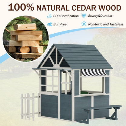 EROMMY Outdoor Playhouse for Kids, Wooden Kid Play House with Kitchen Toys ,Blue Grey