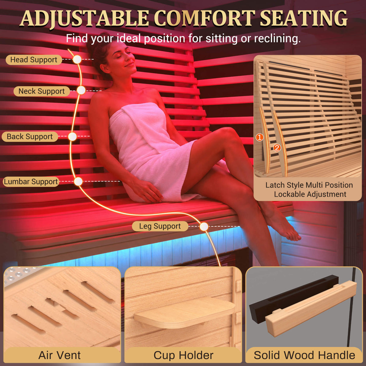 EROMMY 2 Person Infrared Sauna with Red Light Therapy, 360° Fast Heating, 7-Color LED & Bluetooth, Adjustable Seat, Black