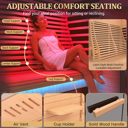 EROMMY 2 Person Infrared Sauna with Red Light Therapy, 360° Fast Heating, 7-Color LED & Bluetooth, Adjustable Seat, Black