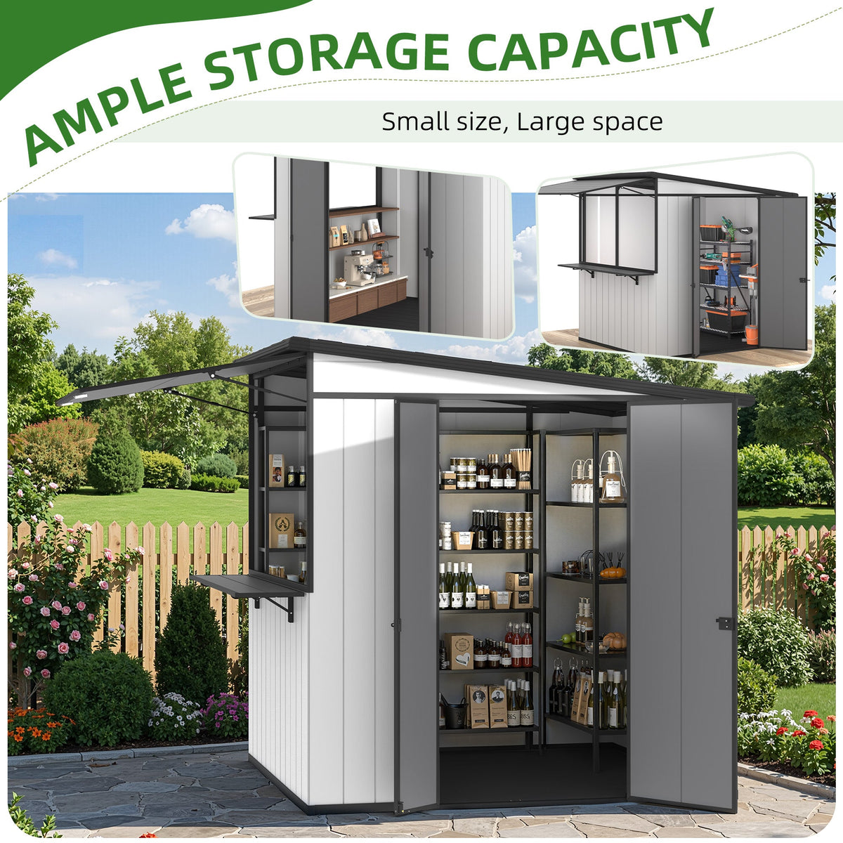 EROMMY 7x6 FT Outdoor Storage Shed with Foldable Bar Counter & Hydraulic Support Overhang, Metal Shed Backyard Bar Cabana, Lockable Small Shed for Outdoor Storage