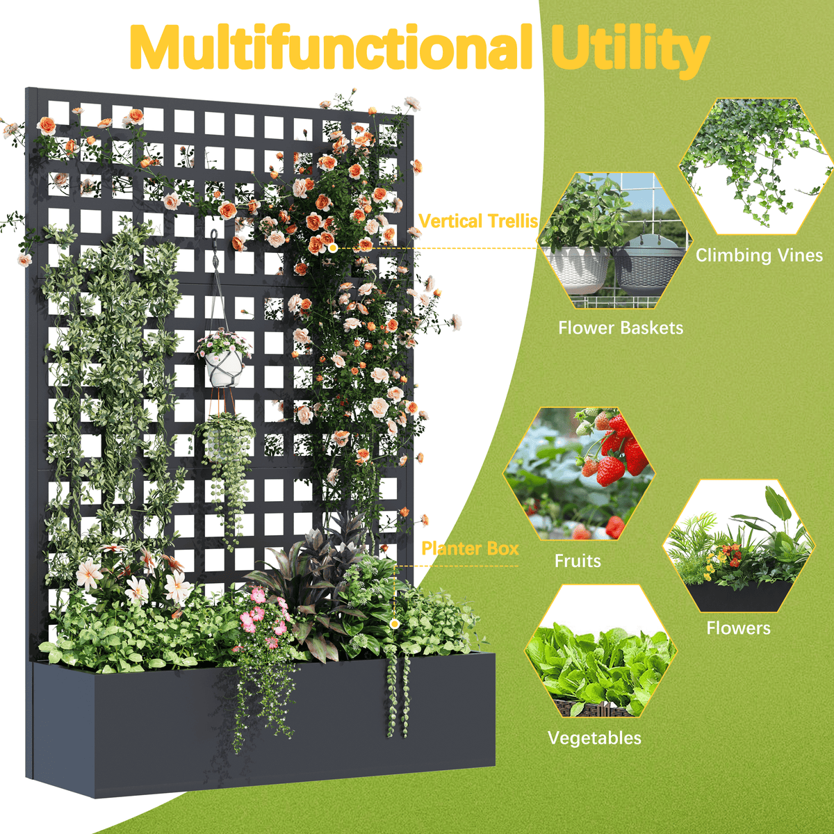 EROMMY Metal Planter Box with Trellis, 71"x 47"x 16" Raised Garden Bed, Planter Box Trellis with Privacy Screen and Drainage Holes, Black