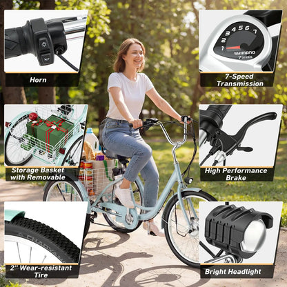 EROMMY Electric Trike for Adults,Peak 500W Brushless Motor, E-Trike with 24" x 2" Tires, Removable Battery, Charger,Step-Thru 3-Wheel Electric Bicycle, Up to 55 Miles Range, 15.5MPH+ Speed, Mint