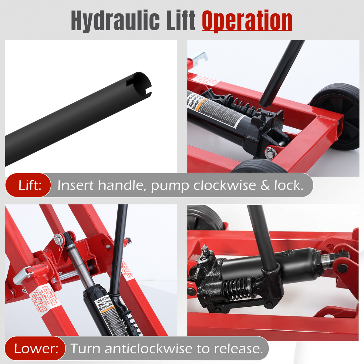 EROMMY 500LB Hydraulic Mower Lift for 40-47.6" Axle, 24" Lawn Tractor Jack with 3-Height Adjustment, Red