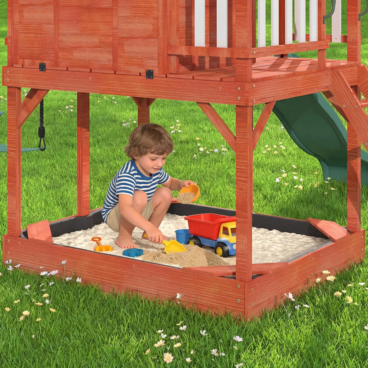 EROMMY Kids Outdoor Wooden Swing Set with Elevated Playhouse, Wave Slide, Belt Swings and Sandbox