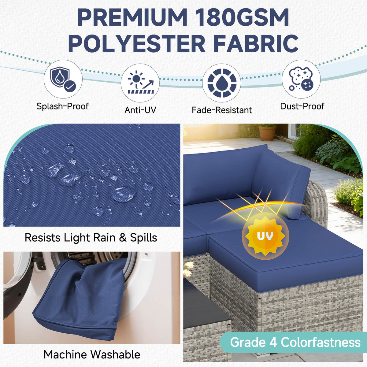 EROMMY 9-Piece Outdoor Sectional Cushions for 4-Seat Sofa, Waterproof Deep Seat w/ Non-Slip & Machine Washable Covers, Navy Blue