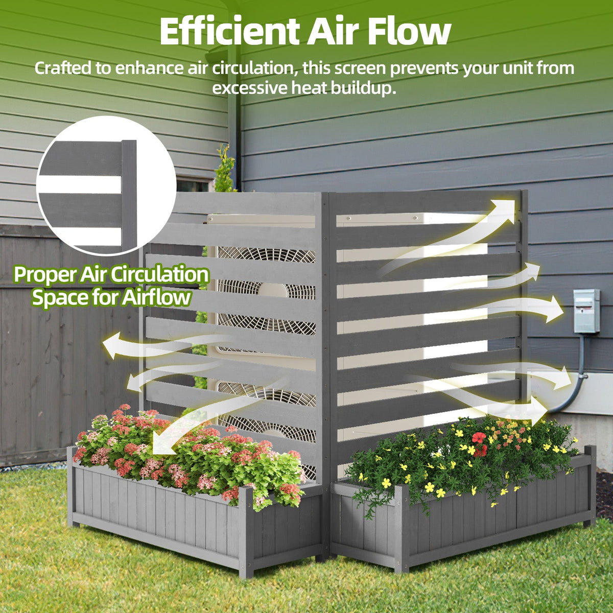 EROMMY 2-Pack No-Dig Privacy Fence Planter 36" W x 45" H, Wood Outdoor Screen for AC Unit, Trash & Flower Bed, Weather-Resistant, Grey