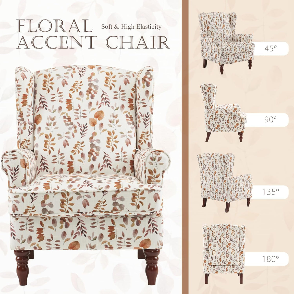 EROMMY 2PCS Fabric Accent Chairs, Modern Upholstered Armchairs, Orange Leaves