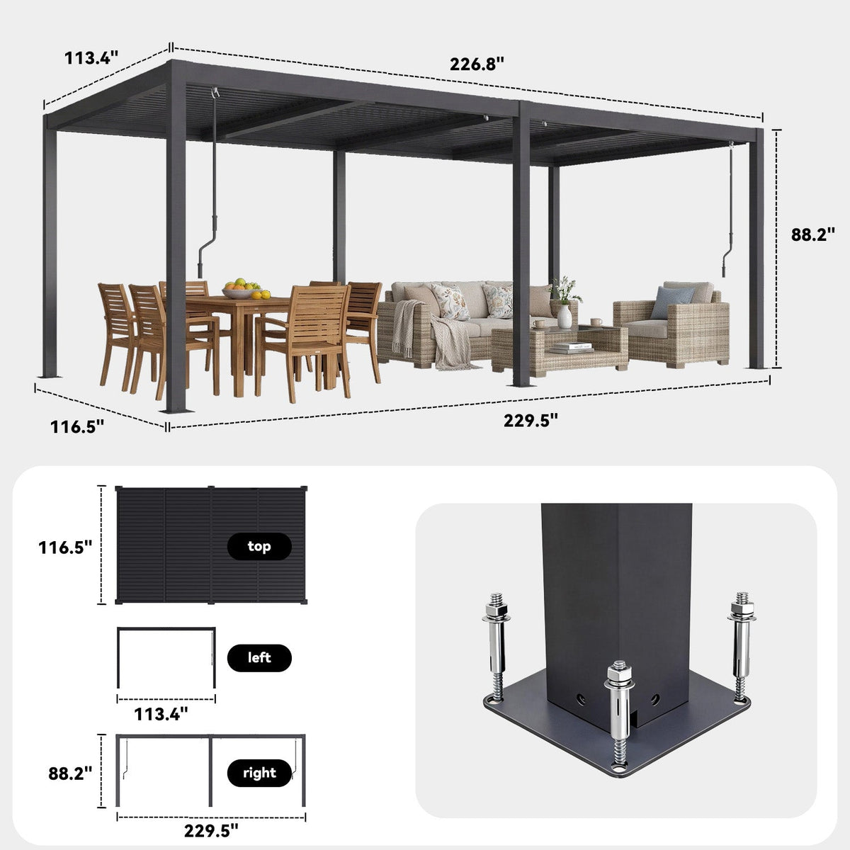 EROMMY Pergola Louvered 10x20, Aluminum Hardtop Pergola with Adjustable Roof for Sun & Rain Shade, Outdoor Gazebo with Integrated Drainage System, Modern Rustproof Patio Canopy Carport