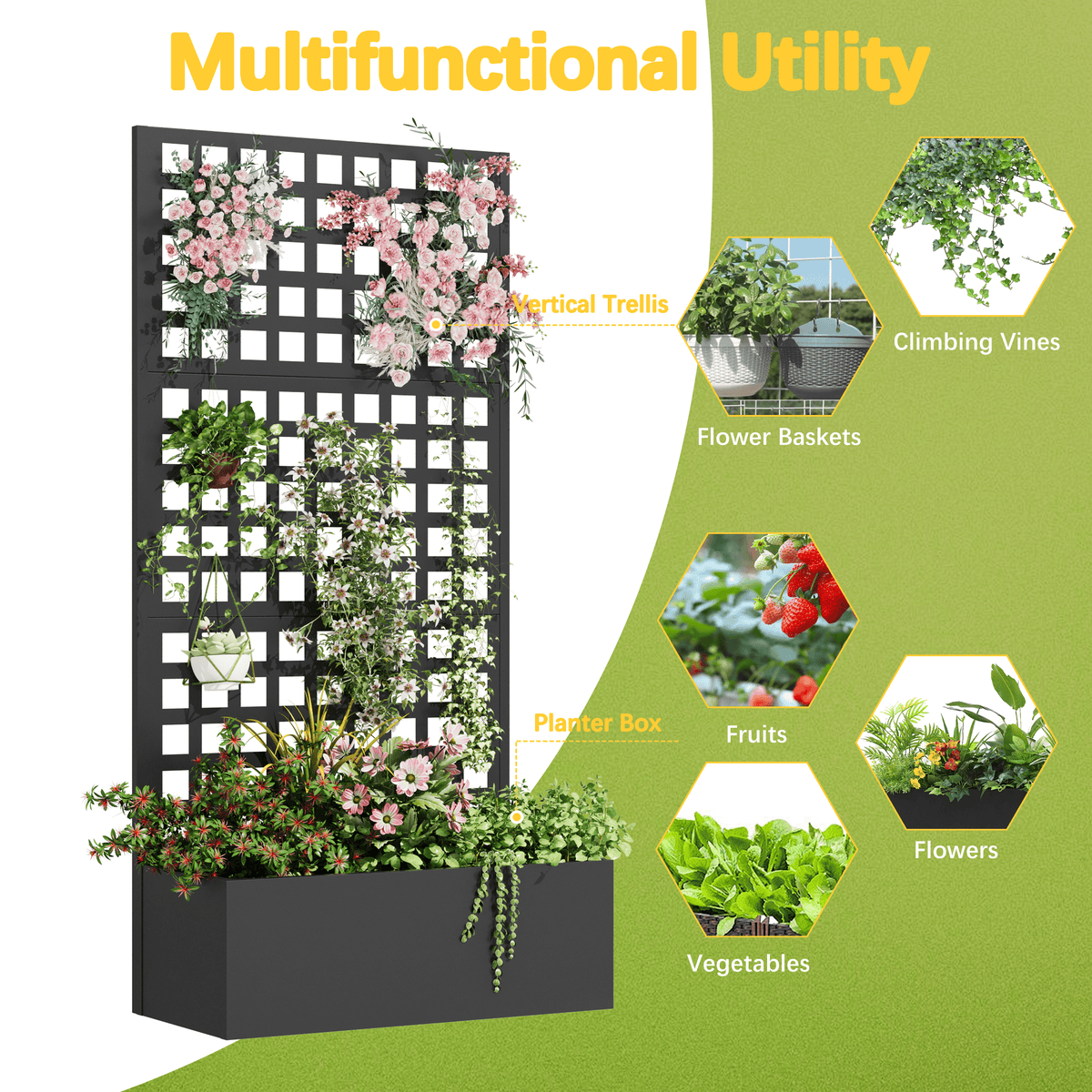 EROMMY Metal Planter Box with Trellis, 71"x 35"x 16" Raised Garden Bed with Trellis, Planter Box Trellis with Privacy Screen and Drainage Holes, Black