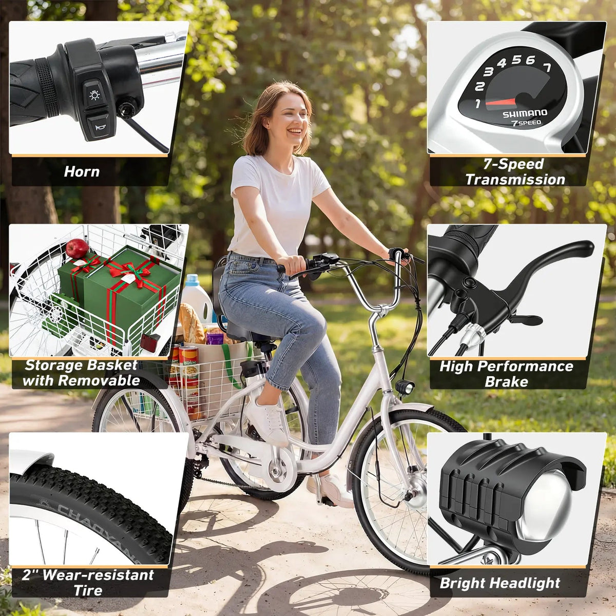 EROMMY Electric Trike for Adults,Peak 500W Brushless Motor, E-Trike with 24" x 2" Tires, Removable Battery, Charger,Step-Thru 3-Wheel Electric Bicycle, Up to 55 Miles Range, 15.5MPH+ Speed, White