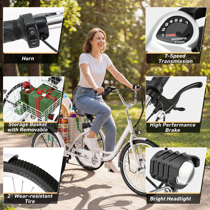 EROMMY Electric Trike for Adults,Peak 500W Brushless Motor, E-Trike with 24" x 2" Tires, Removable Battery, Charger,Step-Thru 3-Wheel Electric Bicycle, Up to 55 Miles Range, 15.5MPH+ Speed, White