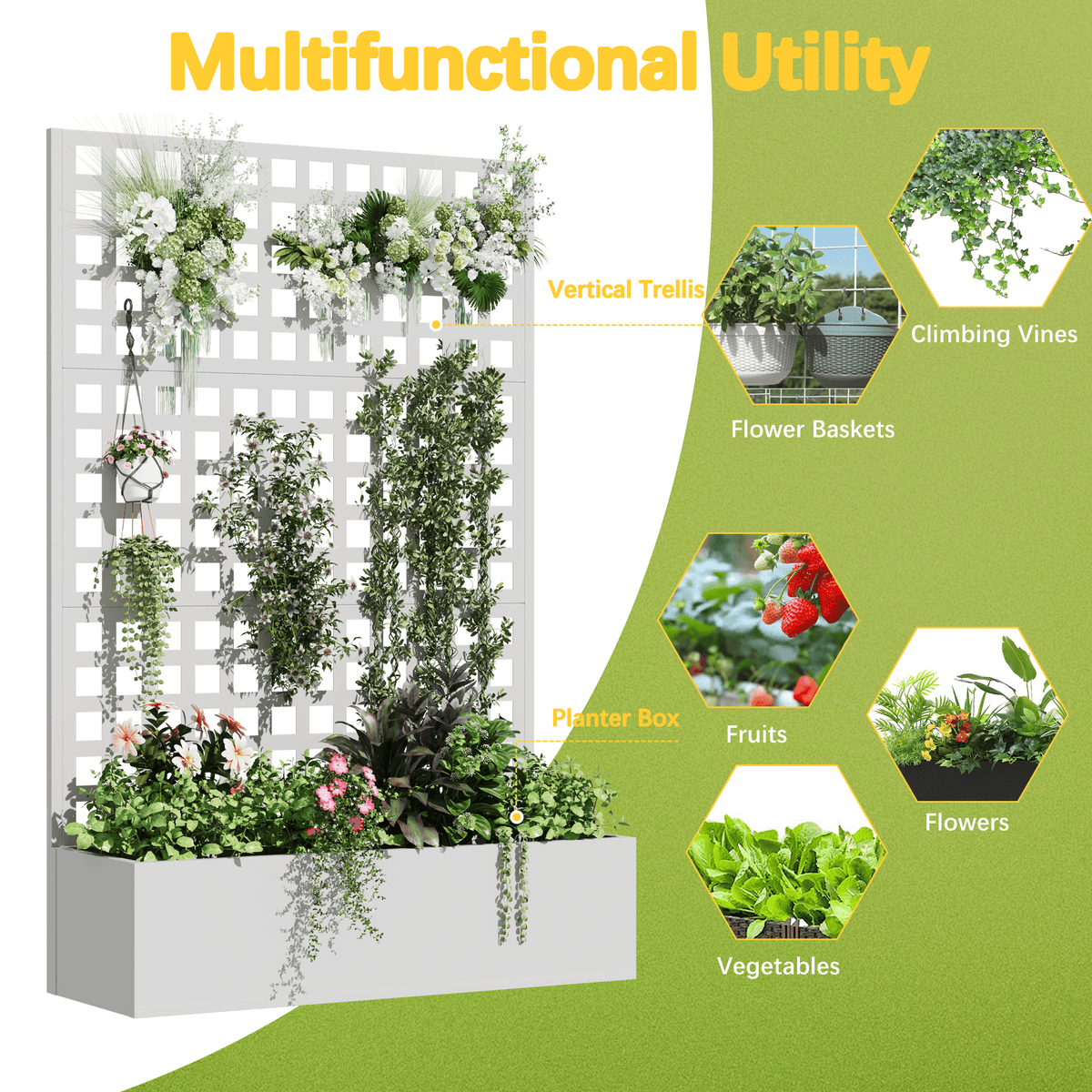 EROMMY Metal Planter Box with Trellis, 71"x 47"x 16" Raised Garden Bed with Trellis, Planter Box Trellis with Privacy Screen and Drainage Holes, White