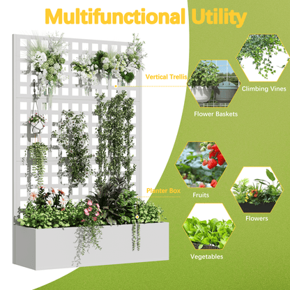 EROMMY Metal Planter Box with Trellis, 71"x 47"x 16" Raised Garden Bed with Trellis, Planter Box Trellis with Privacy Screen and Drainage Holes, White